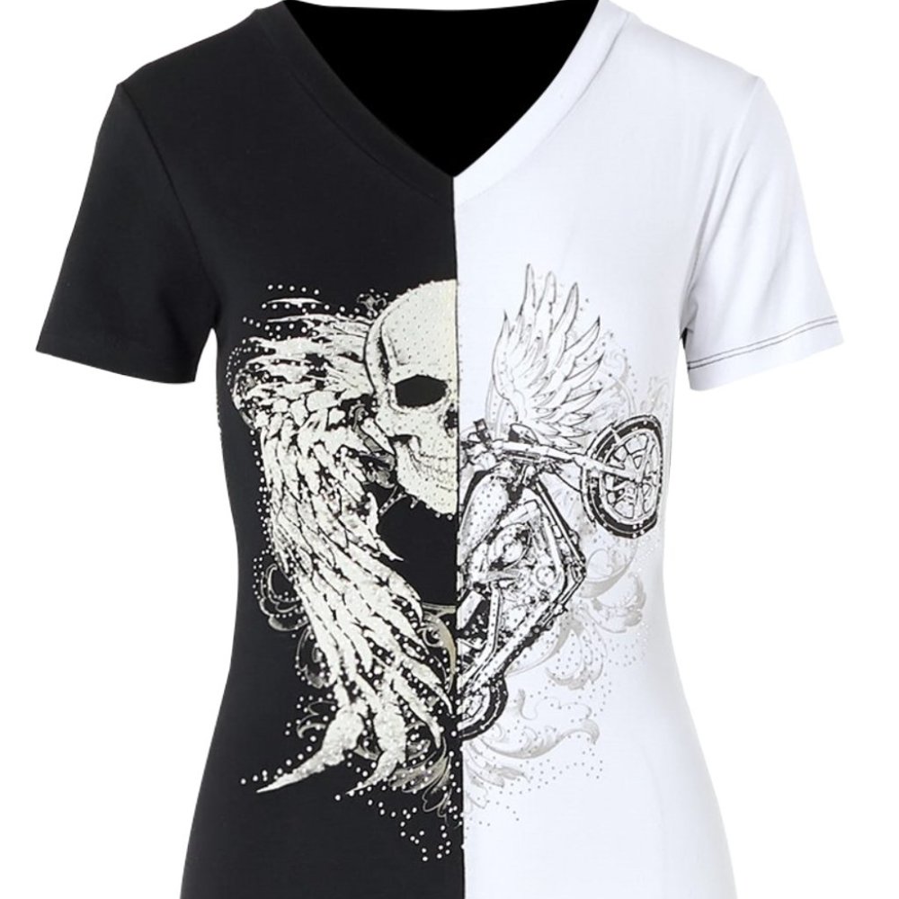 Women's Motorcycle Skull Wings Graphic Tee Short Sleeve T-Shirt Rhinestone (New)